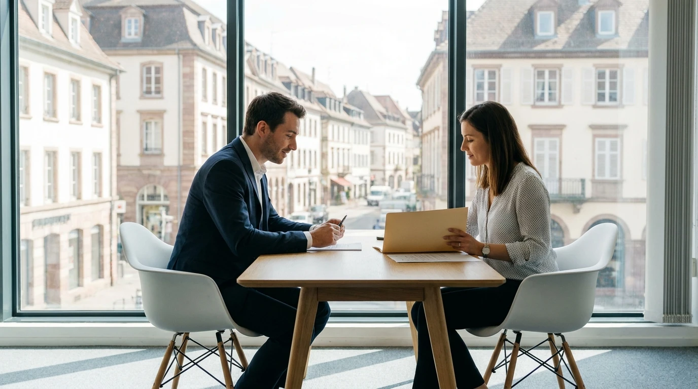Photographie réaliste montrant un candidat en entretien d'embauche professionnel face à un recruteur dans un bureau moderne. Le candidat est assis face à une personne en position de recruteur, tous deux concentrés, avec des documents ou un dossier de candidature visibles sur le bureau. L'atmosphère doit être professionnelle, accueillante et positive, reflétant l'aboutissement d'un processus de placement en CDI. L'environnement doit être celui d'une agence de recrutement ou d'un bureau d'entreprise moderne, claire et bien éclairé.