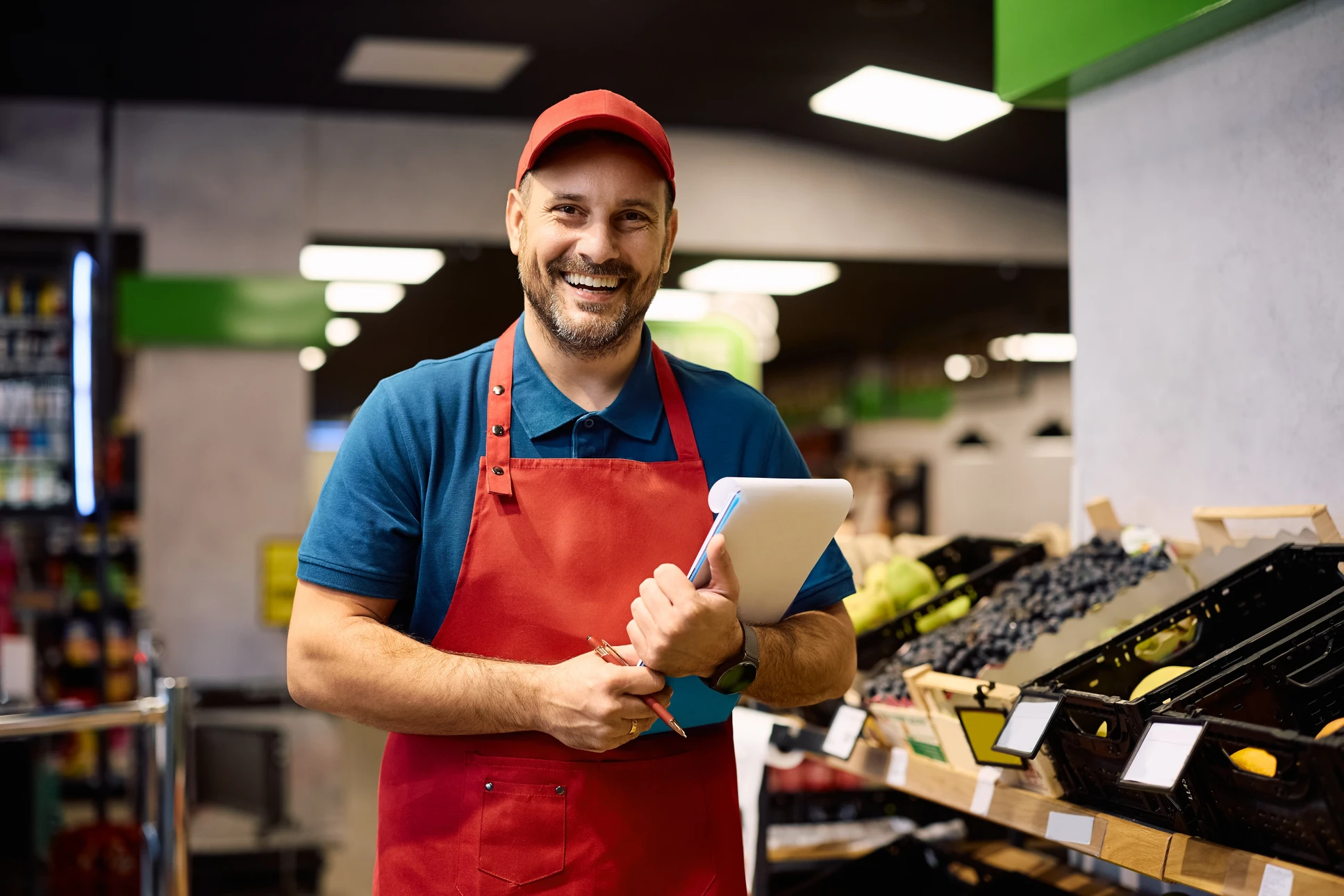 Scène de caisse en supermarché avec client en polo bleu effectuant ses achats